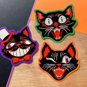VS031 Halloween Retro Black Cat Face Stickers / Vintage Spooky Kitsch Cat Decals / Spooky Mid Century Slap Sticker / Cute Halloween Gift