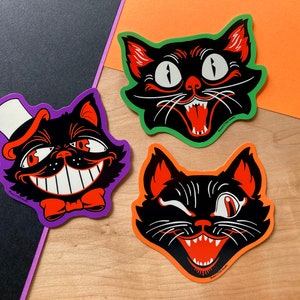 VS031 Halloween Retro Black Cat Face Stickers / vintage Spooky Kitsch Cat Stickers / Spooky Mid Century Slap Sticker / Cute Halloween Gift