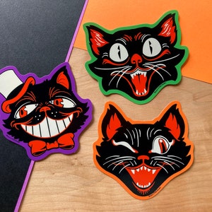 VS031 Halloween Retro Black Cat Face Stickers / Vintage Spooky Kitsch Cat Decals / Spooky Mid Century Slap Sticker / Cute Halloween Gift