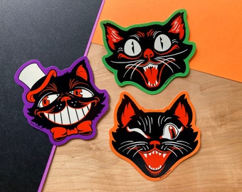 VS031 Halloween Retro Black Cat Face Stickers / Vintage Spooky Kitsch Cat Decals / Spooky Mid Century Slap Sticker / Cute Halloween Gift
