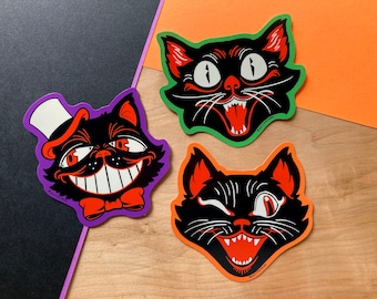 VS031 Halloween Retro Black Cat Face Stickers / vintage Spooky Kitsch Cat Stickers / Spooky Mid Century Slap Sticker / Cute Halloween Gift