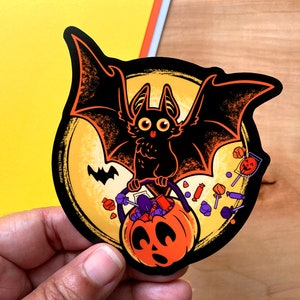 VS036 Adesivo pipistrello di Halloween carino retrò / Decalcomania di Halloween in stile vintage Kawaii / Adesivo in vinile impermeabile / Dolcetto o scherzetto