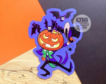 VS105 Pumpkin Dandy and Bats Vinyl Sticker / Fun Halloween Goodie Bag Sticker / Cute Spooky Pumpkin Man / Waterproof Decal