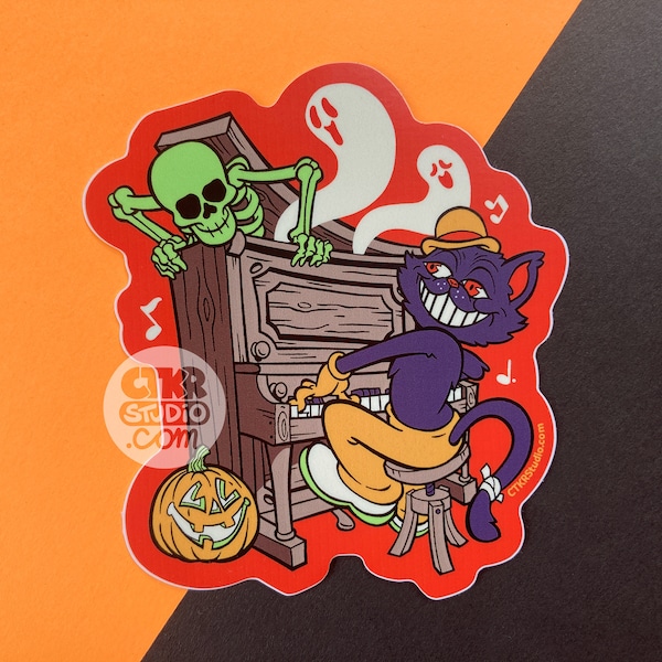 VS106B Halloween Piano Cat Vinyl Sticker / Chat noir avec fantômes, squelette et citrouille / style vintage Jazz et Ragtime