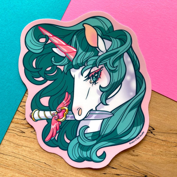 VS026 Unicorn With A Knife Vinyl Sticker / Magical Girl Shoujo Unicorn Sticker / Mahou Shoujo Slap Sticker / Anime Water Bottle Decal