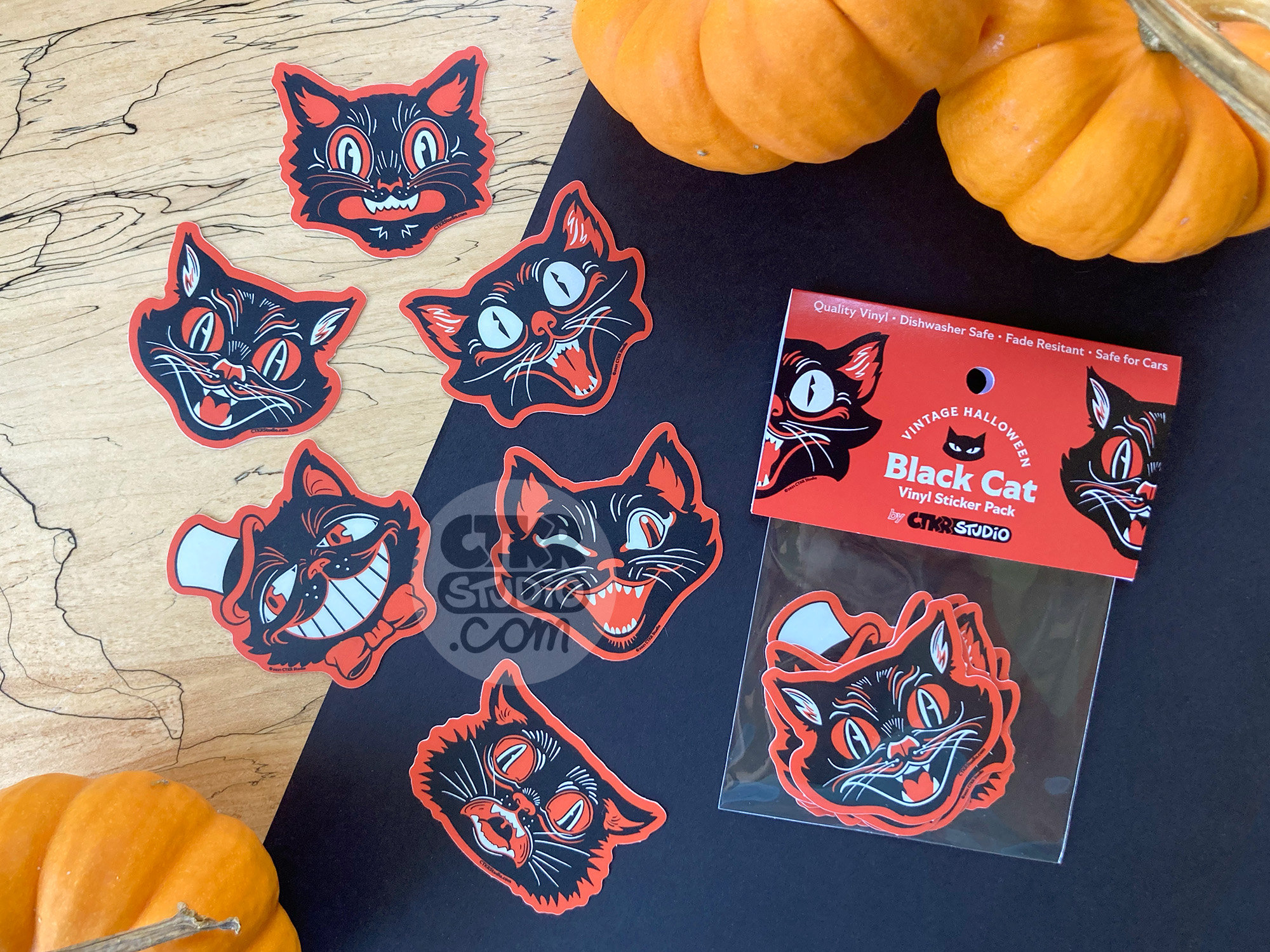 PK036 Vintage Style Halloween Black Cat Vinyl Sticker Pack / 6 Sticker Collection Pack / Waterproof Dishwasher Safe