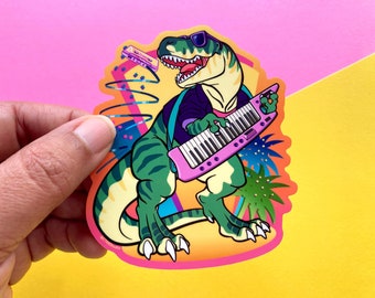 VS064 Key Rex 80s Keytar Dinosaur Vinilo Pegatina / Retro Synthwave Tyrannosaur / 80s Kid Gift / Divertida calcomanía T. Rex