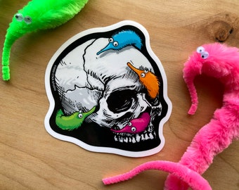 VS006 / Worms on a String on a Skull Designer Weatherproof Sticker / Worm on a String Laptop Sticker / Fuzzy Worm Hydro / Magic Fuzzy Worm
