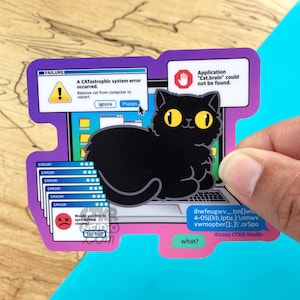 VS146B Laptop Katze Fehler Vinyl Aufkleber / Steampunk Glitchcore / Computer Fehlermeld Fenster / Kopf leer, keine Gedanken