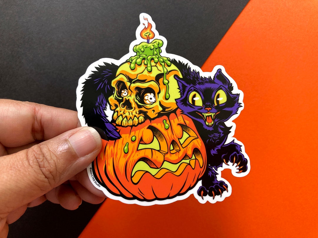 VS040 Halloween Black Cat With Skull and Pumpkin Vinyl Sticker / Cute ...