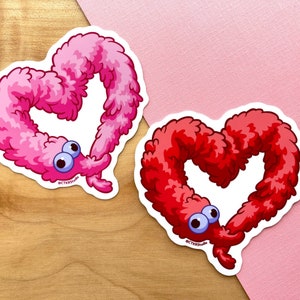 VS014 Worm on a String Valentine Heart Vinyl Sticker / Funny Fuzzy Magic Worm Gift  / Weird Cute Valentine Slap Decal