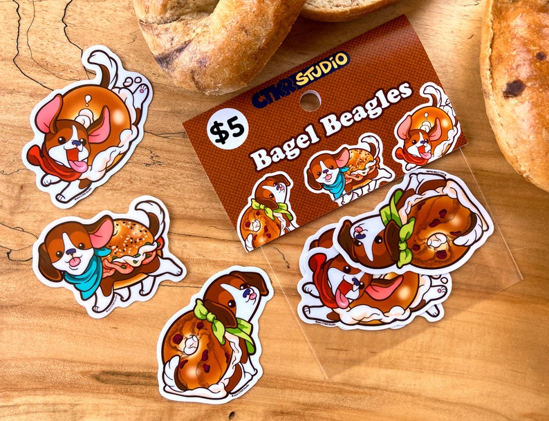 PK024 Beagle Bagels 3pc Sticker Pack / Cute Food Pups / Delicious Doggos / UV Protected Vinyl Stickers image 1