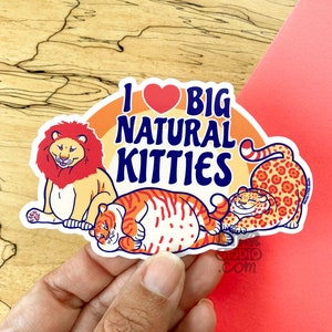 May include: A sticker with a sunset background and the text "I love big natural kitties". The sticker features three cartoon animals: a lion, a tiger, and a jaguar.