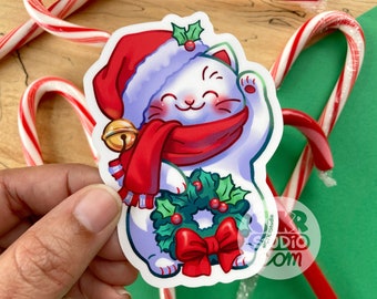 VS125 Christmas Lucky Cat Vinyl Sticker / Holiday Maneki Neko Stocking Stuffer / Party favor / Kawaii cat gift