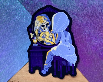 VS045 Sticker vinyle fille fantôme tête de mort sexy / sticker gothique fantasmagorique / vanité boudoir squelette