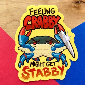 VS084 Stabby Crabby Waterproof Vinyl Sticker / Kawaii Crab with a Knife / Feeling Crabby / Maryland Blue Crab Water Bottle Sticker image 2