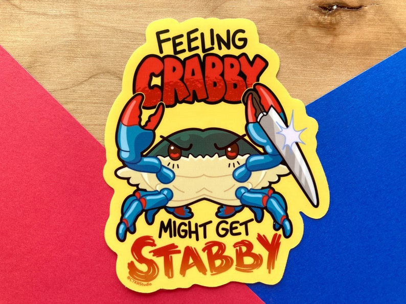 VS084 Stabby Crabby Waterproof Vinyl Sticker / Kawaii Crab with a Knife / Feeling Crabby / Maryland Blue Crab Water Bottle Sticker image 2