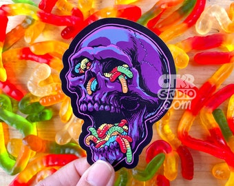 VS129 Gummy Worms Skull Vinyl Sticker / Dark Humor Goth Decal / Death and Candy / Purple and Rainbow