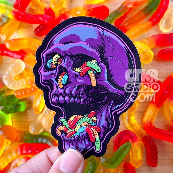 VS129 Gummy Worms Skull Vinyl Sticker / Dark Humor Goth Decal / Death and Candy / Purple and Rainbow