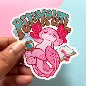 VS052 Relaxolotl Vinyl Sticker / Cute Cozy Relaxing Axolotl / Animal Pun Sticker / Books and Tea / Take It Easy