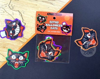 PK006 Retro Halloween Cat Faces Sticker Pack / 3 Sticker Pack / UV Protected Vinyl Stickers