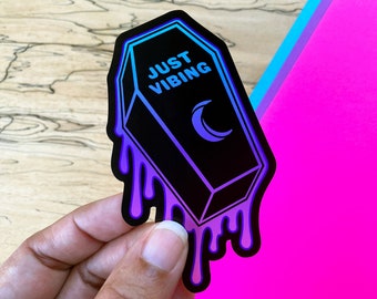 VS118 Just Vibing Coffin Vinyl Sticker / Pastel Goth Drip / Colorful Emo Water Bottle Sticker