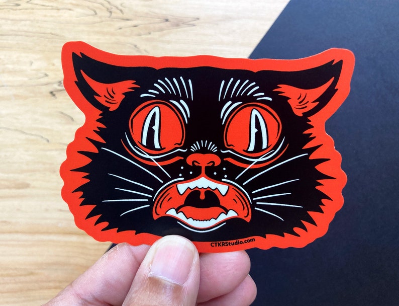 VS114 Vintage Halloween Black Cat Vinyl Stickers / Classic Retro Cat ...