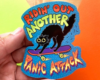 VS086 Panic Attack Cat Vinyl Sticker / Anxiety, Self Care, Mental Health Gift / Cute Black Cat on a Skateboard