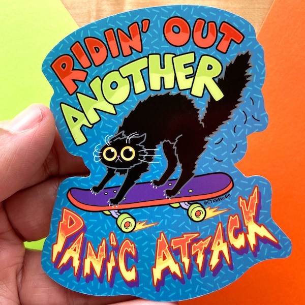 VS086 Panic Attack Cat Vinyl Sticker / Anxiety, Self Care, Mental Health Gift / Cute Black Cat on a Skateboard