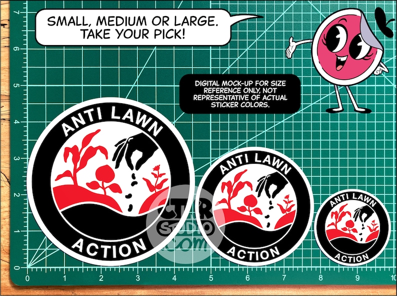 May include: Three black and white round stickers with the text "Anti Lawn Action" in white. The stickers feature a red and white illustration of a hand planting seeds in a garden. The stickers are shown on a green cutting mat with a ruler.