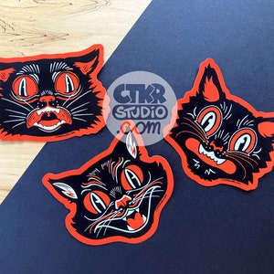 VS114 Vintage Halloween Black Cat Vinyl Stickers / Classic Retro Cat Face Stickers / Antique Aesthetic / Waterproof Vinyl Stickers