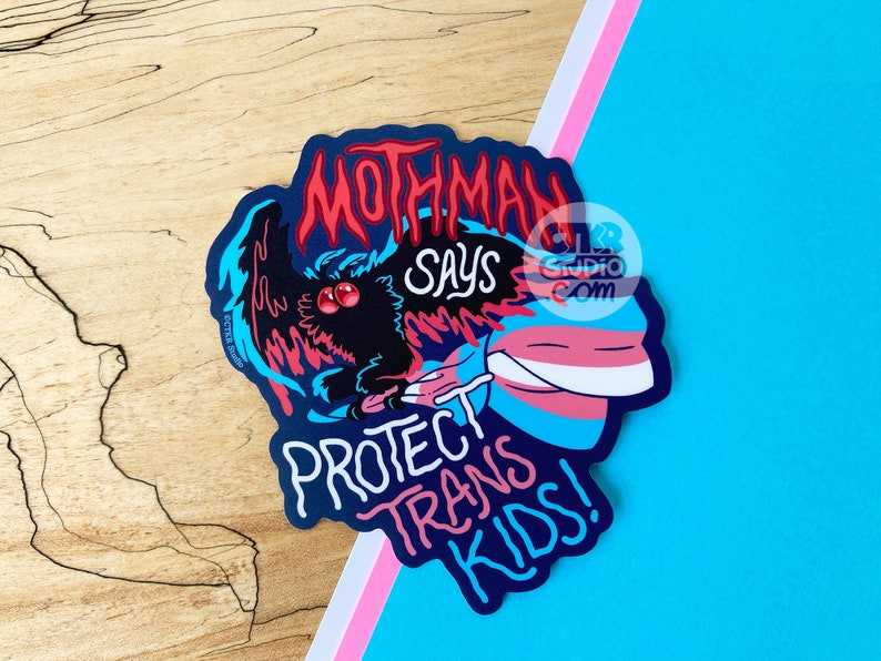 VS147 Mothman Says Protect Trans Kids Vinyl Sticker / Cryptid Queer Ally / LGBTQ / Pride / Trans Rights image 2