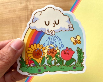 VS078 Spring Showers Peeing Cloud Vinyl Sticker / Pisser sur des fleurs Kawaii / Humour inapproprié / Funny Hydration Water Bottle Decal