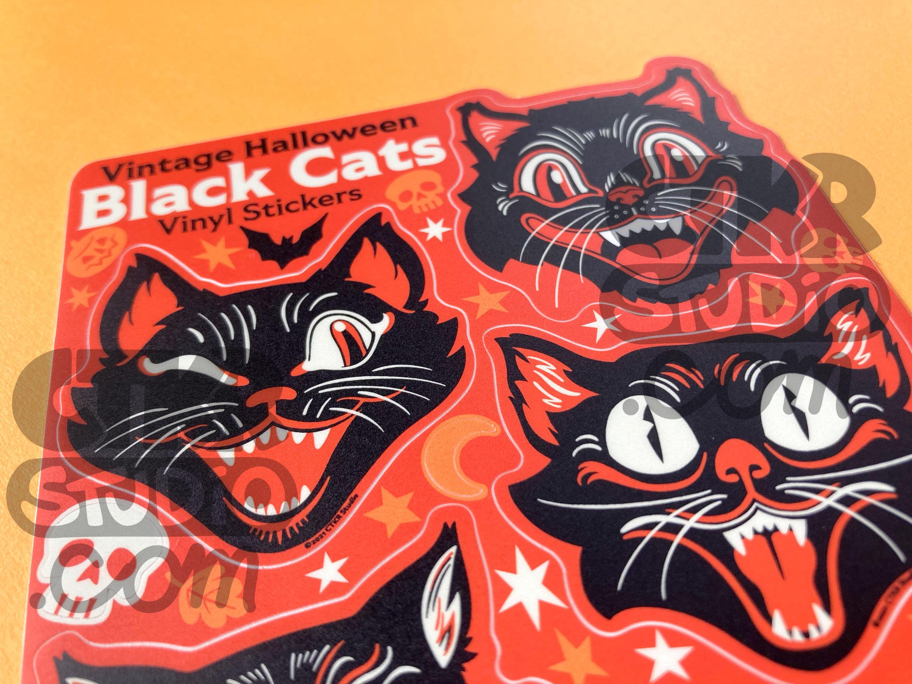 ST003 Vintage Halloween Black Cat Sticker Sheet: Waterproof Vinyl Art ...