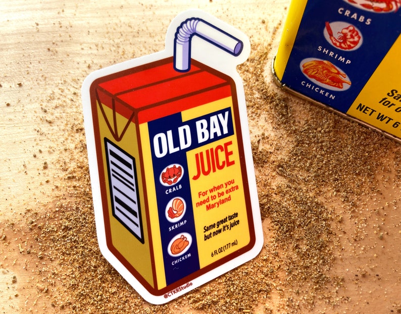 VS083 Old Bay Juice Box Vinyl Sticker / Kawaii Maryland Brand Crab Seasoning Parody / Waterproof Sticker image 1