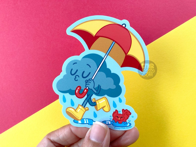 VS143 Nuage de pluie avec autocollant vinyle parapluie / Douche solaire / Amoureux des jours de pluie / Funny Kawaii Red Bird Medium