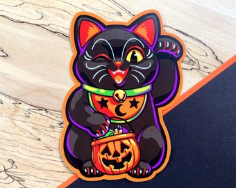 VS099 Halloween Lucky Black Cat Vinyl Sticker / Japanese Maneki Neko / Trick or Treat Good Luck Sticker / Waterproof