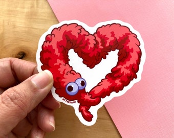 VS014 Worm on a String Valentine Heart Vinyl Sticker / Funny Fuzzy Magic Worm Gift  / Weird Cute Valentine Slap Decal