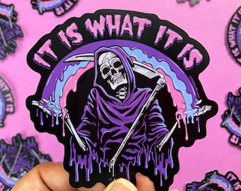 VS098 Shrugging Reaper / It Is What It Is /Pastel Rainbow Goth / dark vibes / Vinyl Skeleton Sticker