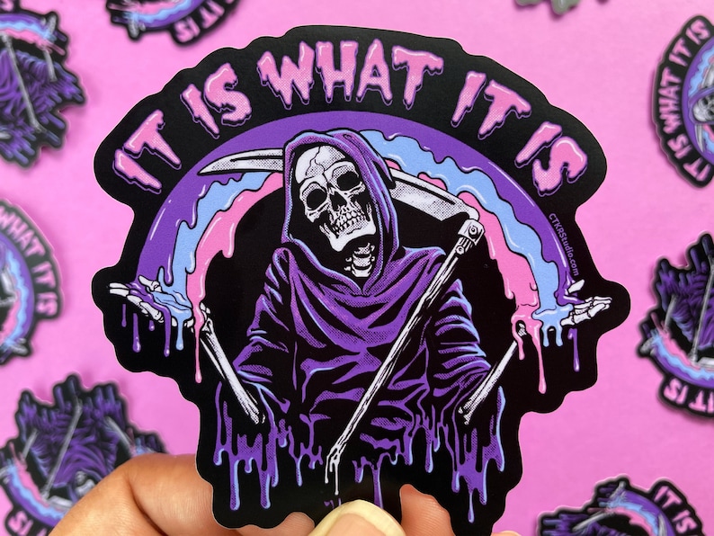 VS098 Shrugging Reaper / It Is What It Is /Pastel Rainbow Goth / dark vibes / Vinyl Skeleton Sticker Regular