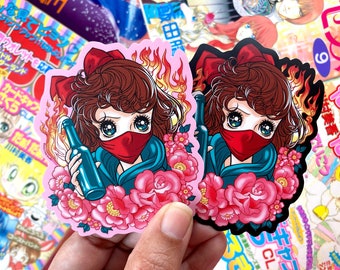 VS005 Pretty Shoujo Girl /  Retro Anime Sticker / Kawaii Macoto Girl with Molotov Cocktail