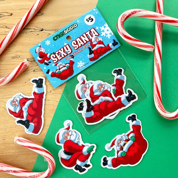 PK026 Sexy Santa 3pc Sticker Pack / Dancing St. Nick / Burlesque /Stocking Stuffer / UV Protected Vinyl Stickers