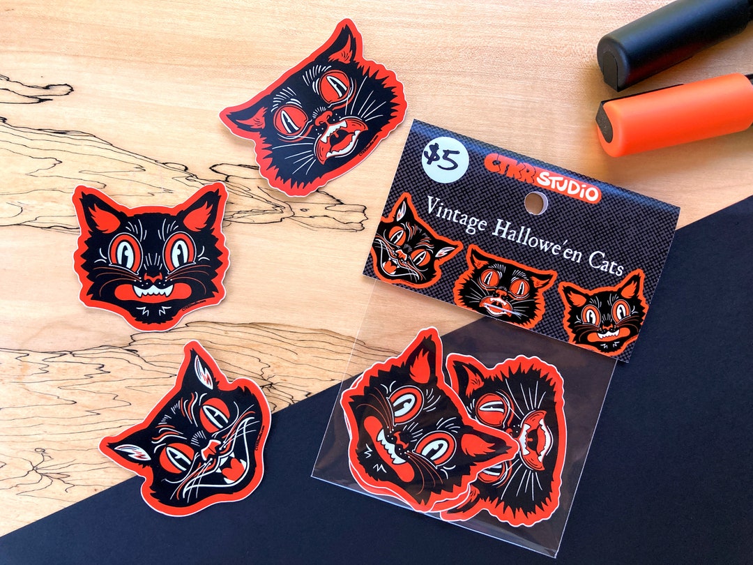 PK005 Vintage Halloween Black Cat Faces Sticker Pack / Classic Retro ...