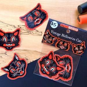 PK005 Vintage Halloween Black Cat Faces Sticker Pack / Classic Retro Halloween Art / Waterproof / UV Protected Vinyl Stickers