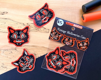 PK005 Vintage Halloween Black Cat Faces Sticker Pack / Classic Retro Halloween Art / Waterproof / UV Protected Vinyl Stickers