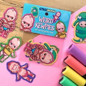 PK029 Weird Kewpie Sticker Pack / Kitsch Big Eye Dolls / Cute Baby Vinyl Stickers / Lowbrow Art / Bodybuilder / Worm on a String Sticker