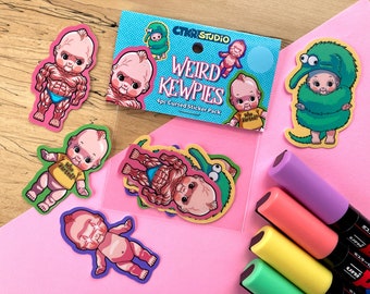 PK029 Weird Kewpie Sticker Pack / Kitsch Big Eye Dolls / Cute Baby Vinyl Stickers / Lowbrow Art / Bodybuilder / Worm on a String Sticker