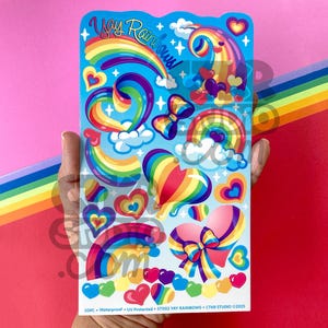 Feuille d'autocollants en vinyle d'art originale Yay Rainbows / Amoureux des autocollants colorés des années 80 et 90 / Coeurs mignons imperméables et arcs-en-ciel / Collectionneur d'autocollants