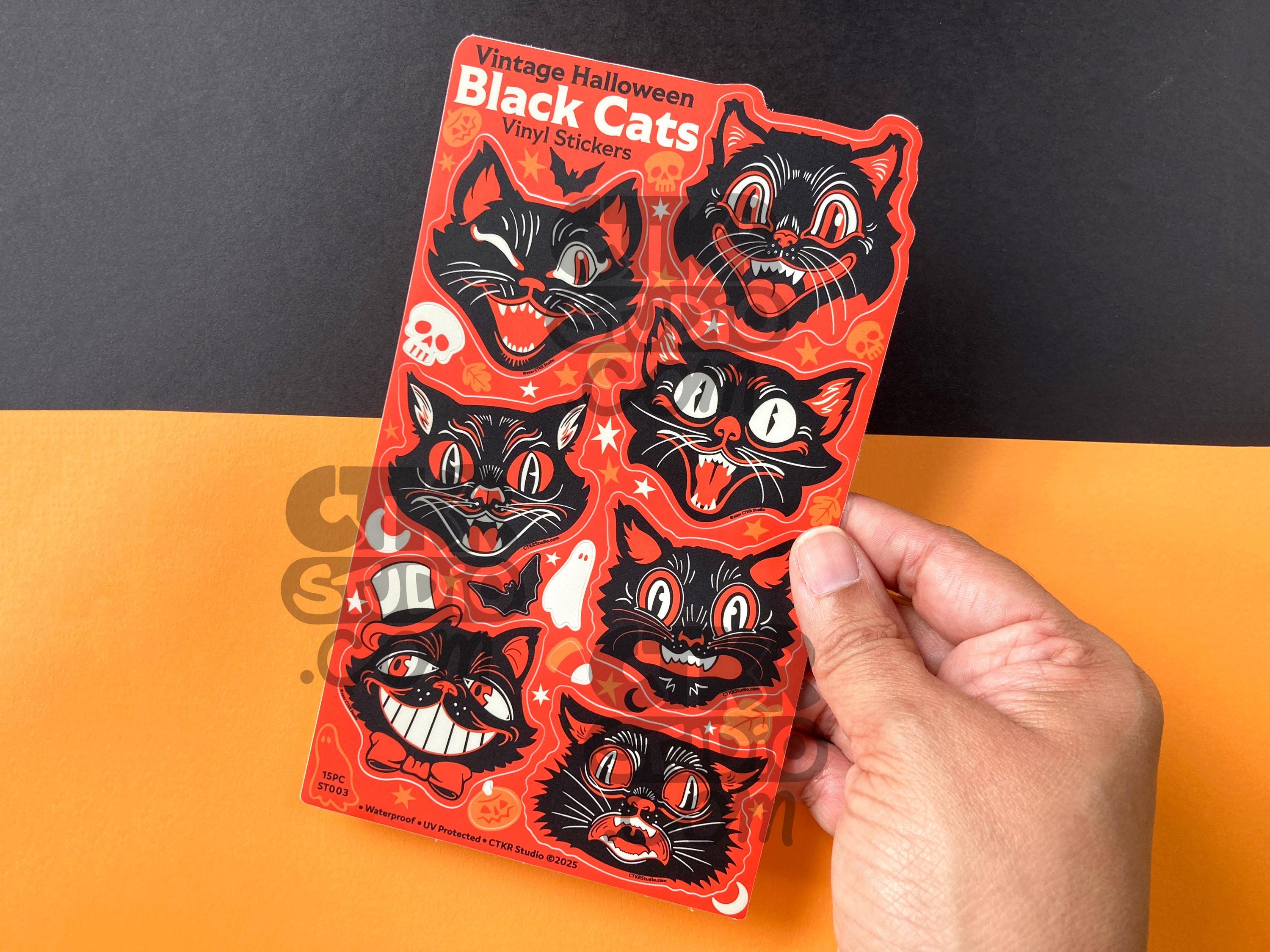 ST003 Vintage Halloween Black Cat Sticker Sheet: Waterproof Vinyl Art ...