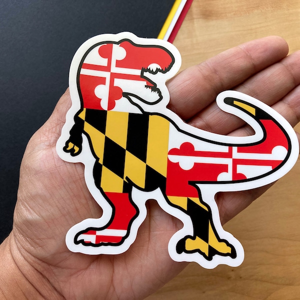 VS033B Maryland Flag T Rex Dinosaur Vinyl Sticker / Tyrannosaurus Decal / MD Paleontologist Gift / Car Window / Bumper Sticker STK0033B